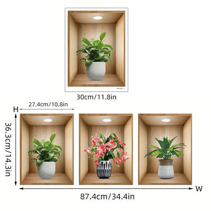 3D Plant Vase Wall Sticker 3Pcs-Self Adhesive