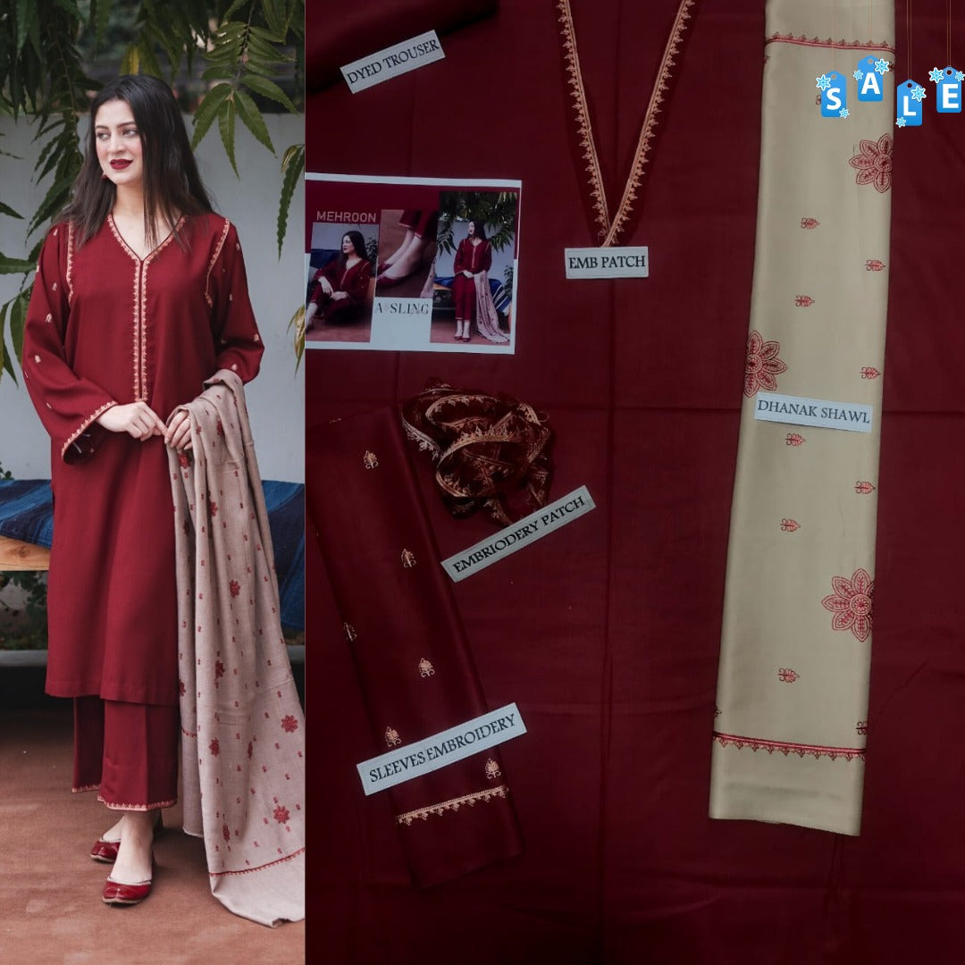 Brand Name AISLING X DYOT (DHANAK)   SHIRT:  Dhanak   DUPATTA: Pashmina Twill  TROUSER: Dhanak  By Pcs : 3 Pcs