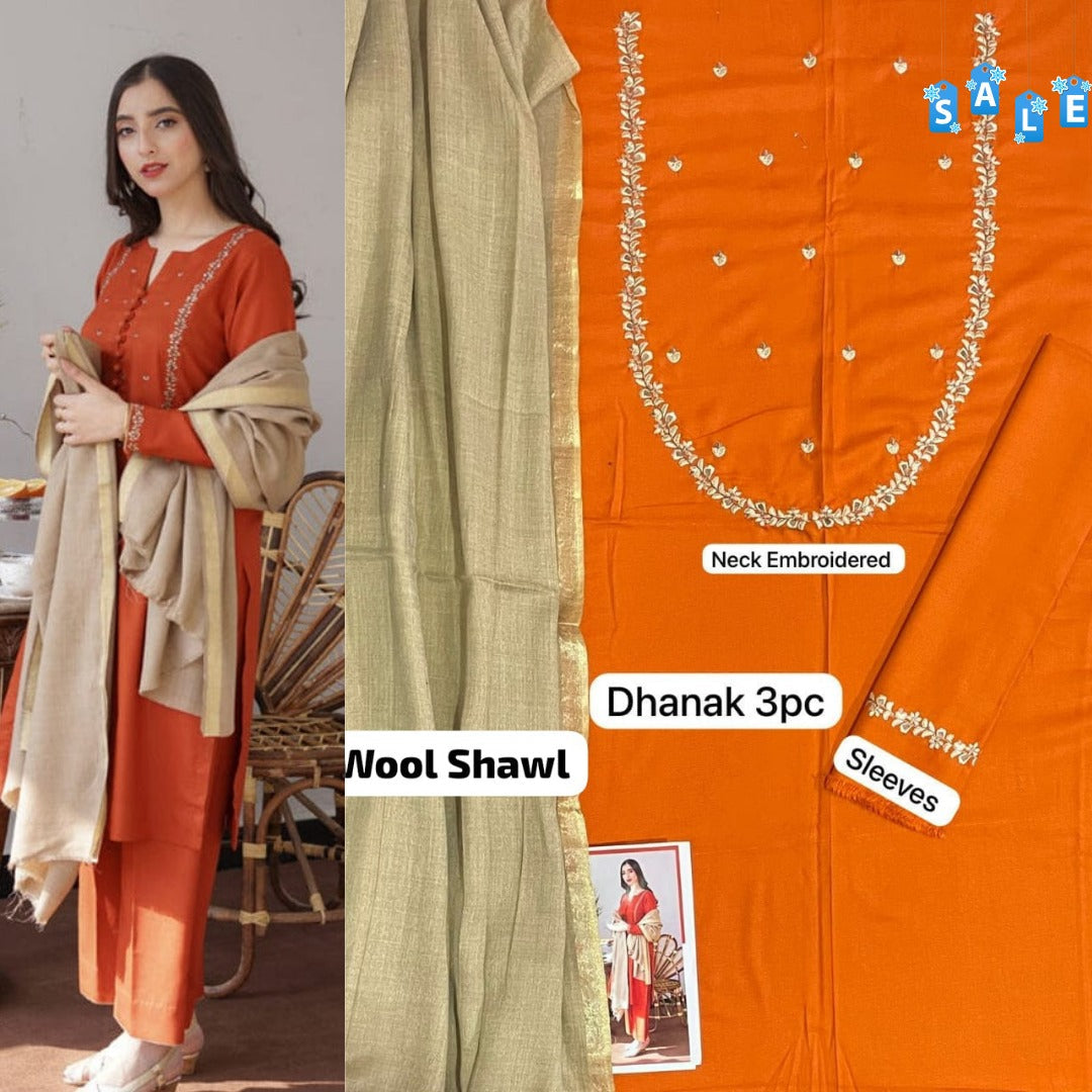 Brand Name AISLING X DYOT (DHANAK)   SHIRT:  Dhanak   DUPATTA: Pashmina Twill  TROUSER: Dhanak  By Pcs : 3 Pcs