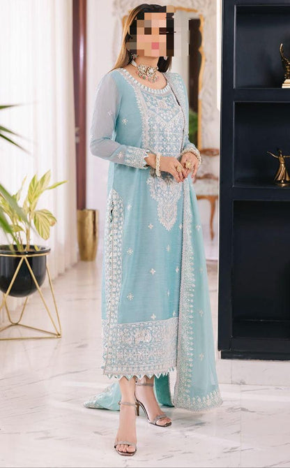 BRAND:ASIM JOFA  shirt:chiffon embroidered sleeves:chiffon embroidered dupatta:chiffon embroidered trouser:plain malai