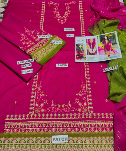 Brand Name OMAL BY KOMAL (LAWN)   SHIRT:  Lawn  DUPATTA: Bamber Chiffon Zari  TROUSER: Lawn   By Pcs : 3 Pcs