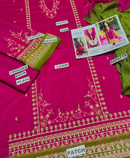 Brand Name OMAL BY KOMAL (LAWN)   SHIRT:  Lawn  DUPATTA: Bamber Chiffon Zari  TROUSER: Lawn   By Pcs : 3 Pcs