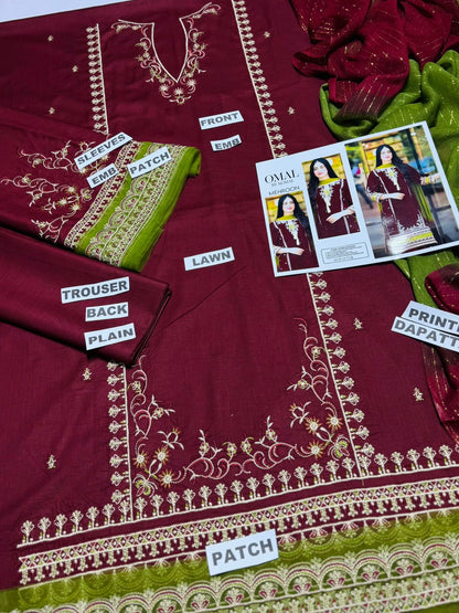 Brand Name OMAL BY KOMAL (LAWN)   SHIRT:  Lawn  DUPATTA: Bamber Chiffon Zari  TROUSER: Lawn   By Pcs : 3 Pcs