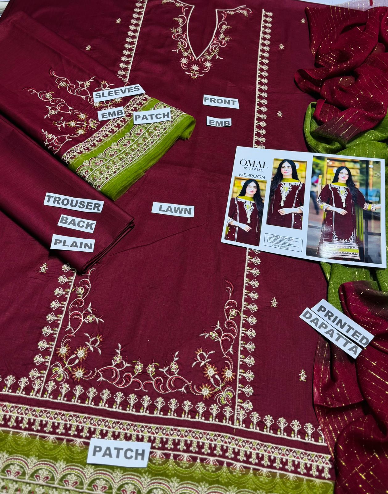 Brand Name OMAL BY KOMAL (LAWN)   SHIRT:  Lawn  DUPATTA: Bamber Chiffon Zari  TROUSER: Lawn   By Pcs : 3 Pcs