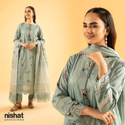 Nishat  unstitched 3 piece embroidered summer suit  Material Shirt: Lawn Trouser: Lawn Duppata: Manaar Diamond.