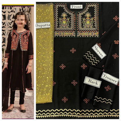 Maira  B  🥜Kids 3 pieces lawn  🥜Dupeta Net  1.75yard     🥜🥜🥜🥜Embroidered Shirt with Patches 🥜Size 36 inches in length 2.0     Yard  shirt