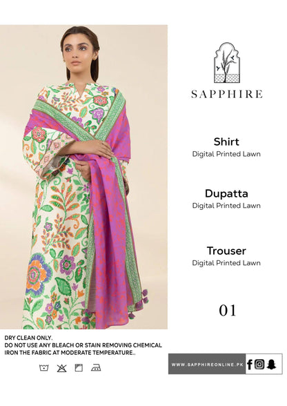 Brand Name SAPPHIRE (PREMIUM  LAWN)  SHIRT:  lawn DUPATTA: Dobi lawn TROUSER: lawn  By Pcs : 3 Pcs