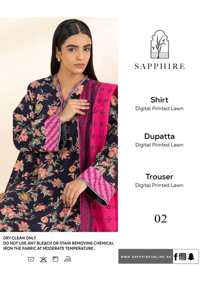 Brand Name SAPPHIRE (PREMIUM  LAWN)  SHIRT:  lawn DUPATTA: Dobi lawn TROUSER: lawn  By Pcs : 3 Pcs