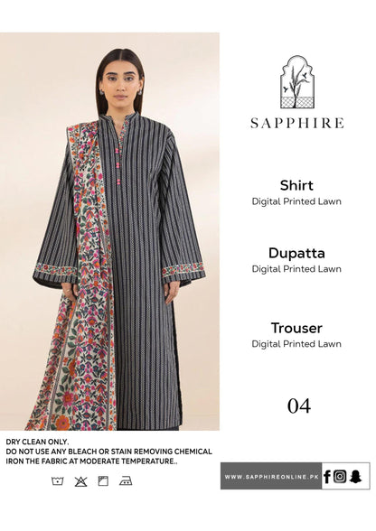 Brand Name SAPPHIRE (PREMIUM  LAWN)  SHIRT:  lawn DUPATTA: Dobi lawn TROUSER: lawn  By Pcs : 3 Pcs