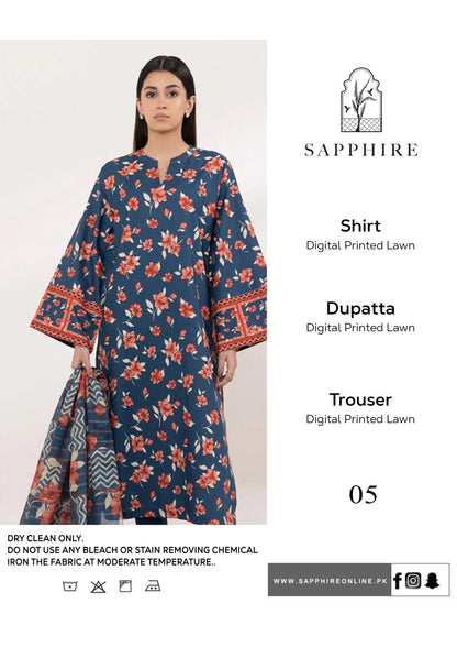 Brand Name SAPPHIRE (PREMIUM  LAWN)  SHIRT:  lawn DUPATTA: Dobi lawn TROUSER: lawn  By Pcs : 3 Pcs