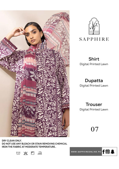 Brand Name SAPPHIRE (PREMIUM  LAWN)  SHIRT:  lawn DUPATTA: Dobi lawn TROUSER: lawn  By Pcs : 3 Pcs