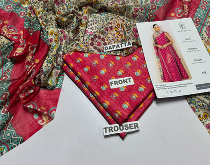 Brand Name SAPPHIRE (PREMIUM  LAWN)  SHIRT:  lawn DUPATTA: Dobi lawn TROUSER: lawn  By Pcs : 3 Pcs