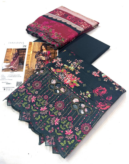 Taana Baana   💯 Original 3pc Printed Boring Embroidery Collection  Fabric 90/88 lawn