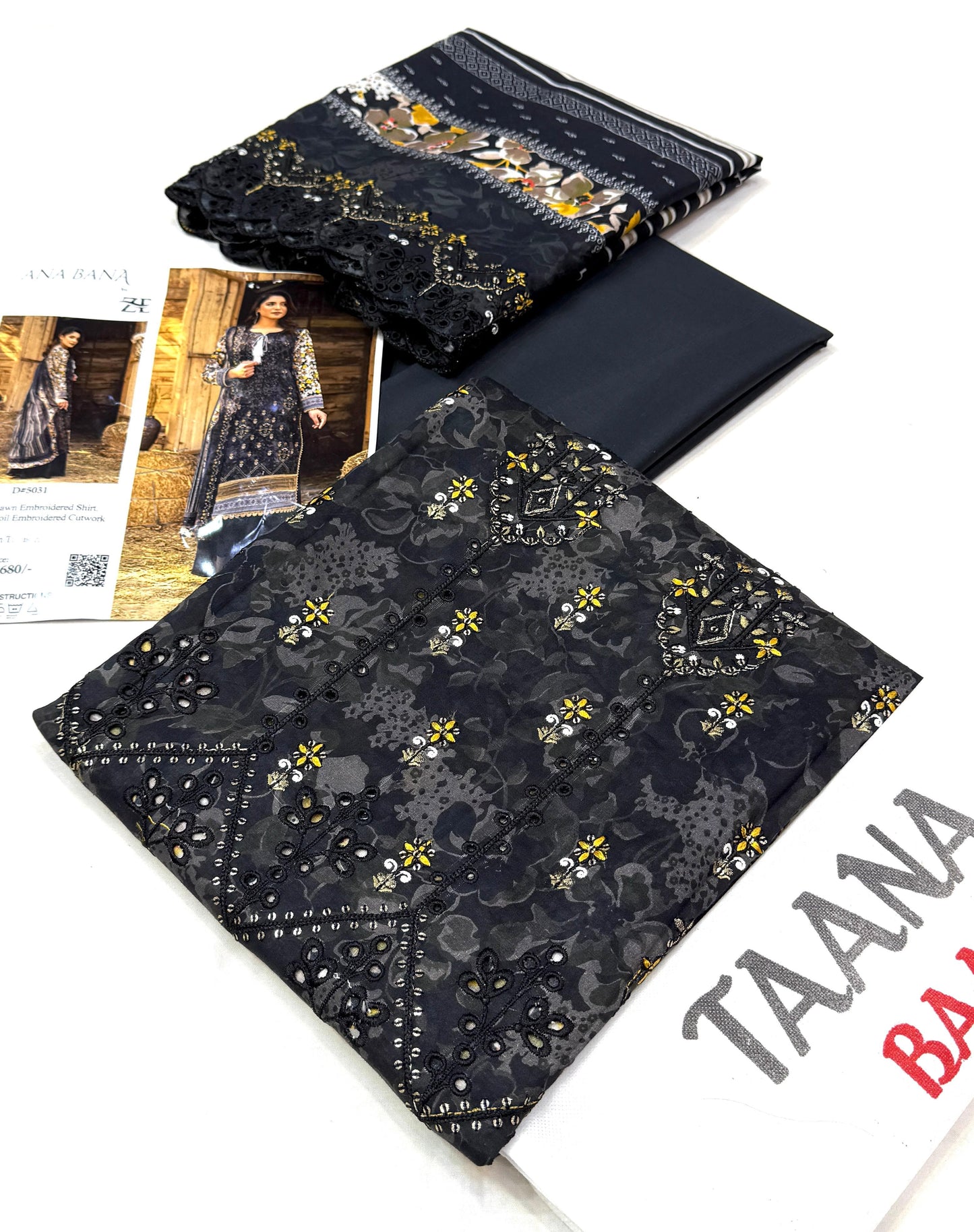 Taana Baana   💯 Original 3pc Printed Boring Embroidery Collection  Fabric 90/88 lawn