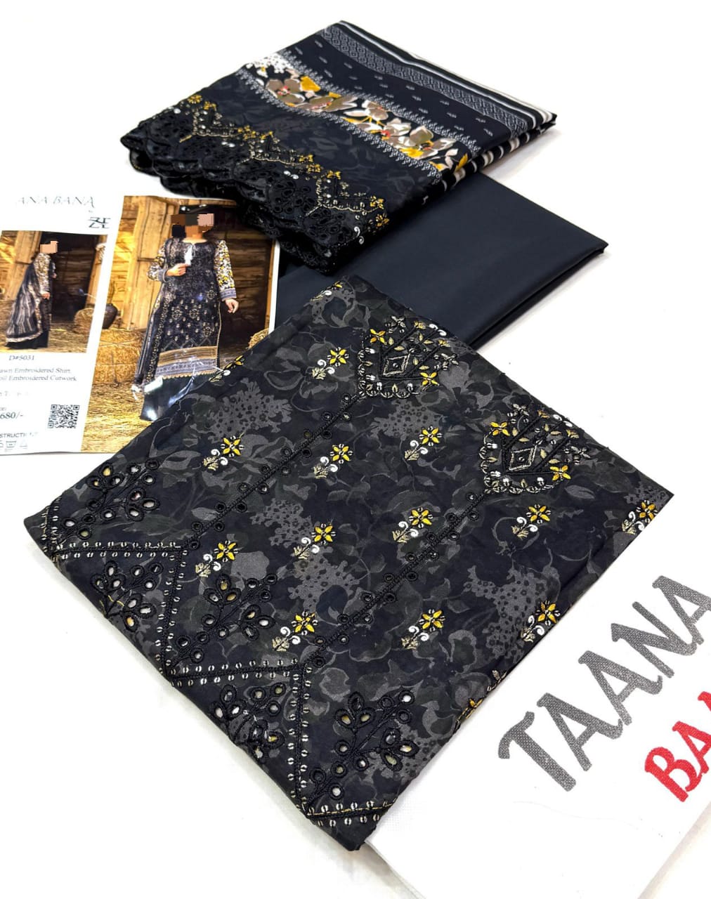 Taana Baana 💯 Original 3pc Printed Boring Embroidery Collection   Fabric lawn