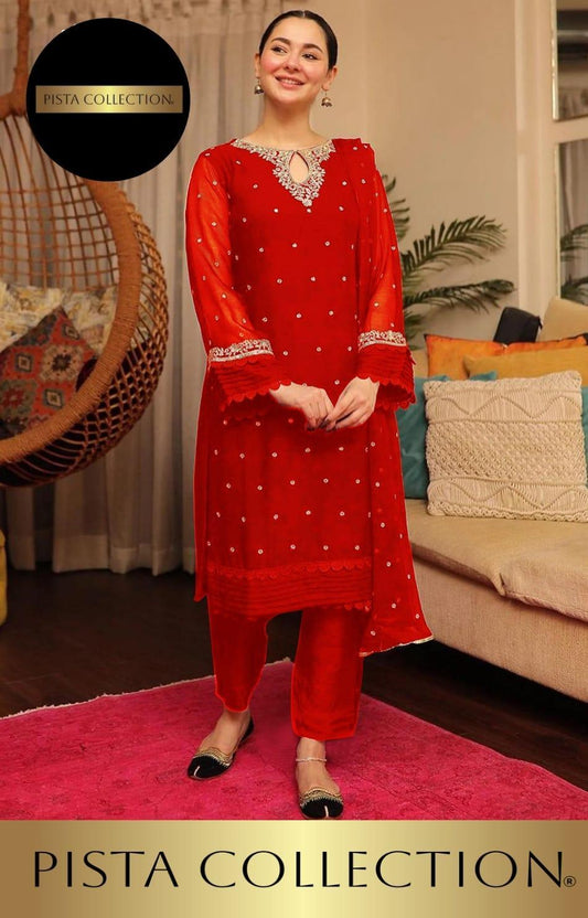 Stunning Red Chiffon Embroidered Suit 3 Pcs for Women