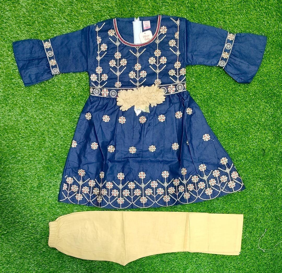 2 Pcs Girl's Cotton Embroidered Frock And Trouser Set