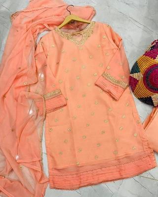 Stunning Peach Chiffon Embroidered 3 Pcs Women's Suit - Perfect for Every Occasion