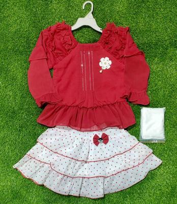 3 Pcs Girl's Chiffon Plain Shirt And Skirt Set