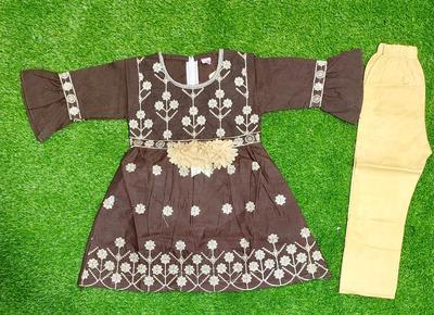 2 Pcs Girl's Cotton Embroidered Frock And Trouser Set