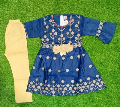 2 Pcs Girl's Cotton Embroidered Frock And Trouser Set