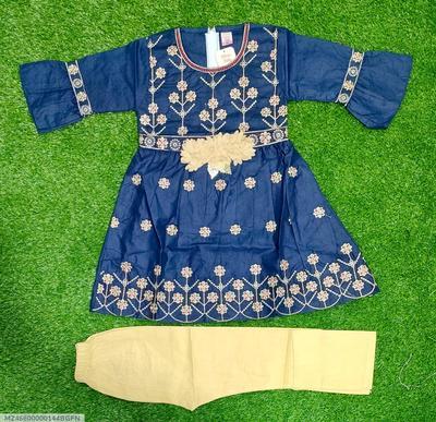 2 Pcs Girl's Cotton Embroidered Frock And Trouser Set