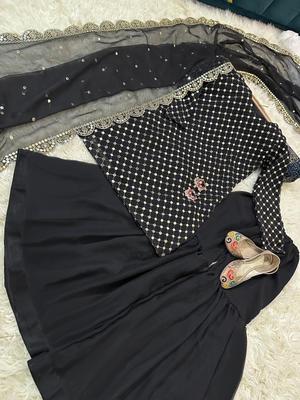 Stunning Black Chiffon Sequins Embroidered Gharara Shirt Set - 3 Pcs