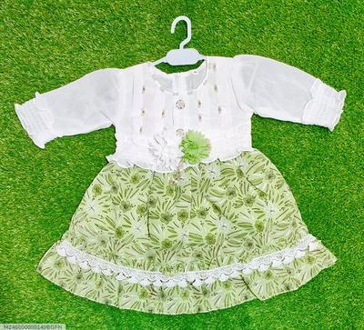 2 Pcs Girl's Chiffon Printed Frock And Trouser Set