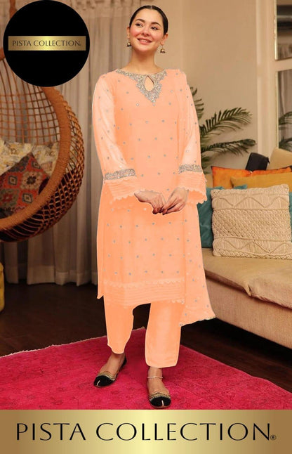 Stunning Peach Chiffon Embroidered 3 Pcs Women's Suit - Perfect for Every Occasion