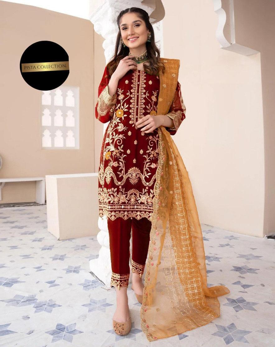 Elegant Maroon Embroidered Organza Suit - 3 Pcs Set