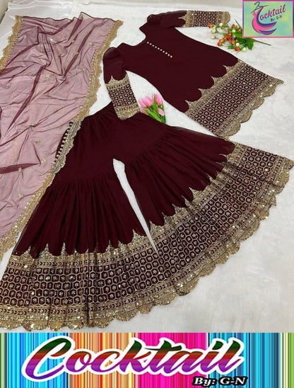 Maroon Shamoz Silk Gharara Shirt with Sequins Embroidery - 3 Pcs Ensemble