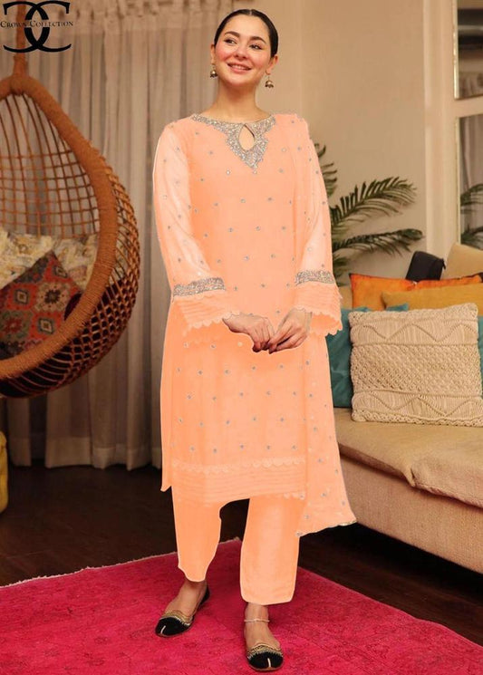 Stunning Peach Chiffon Embroidered 3 Pcs Women's Suit - Perfect for Every Occasion