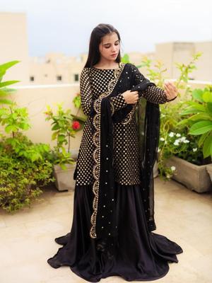 Stunning Black Chiffon Sequins Embroidered Gharara Shirt Set - 3 Pcs