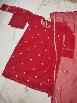 Stunning Red Chiffon Embroidered Suit 3 Pcs for Women