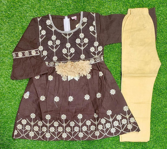 2 Pcs Girl's Cotton Embroidered Frock And Trouser Set