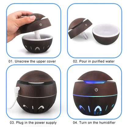 Wood Grain Round Humidifier With LED Light